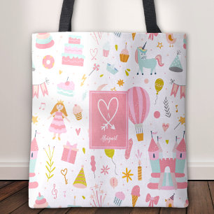 Tote Bag Pink Unicorn Party Pattern Monogrammed Girl Kids