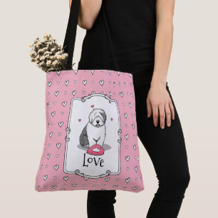 Tote Bag Pink Valentine Old English Chien à chiens gris 1 F