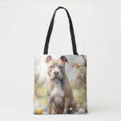 Tote Bag Pitbull Chien avec des oeufs de Pâques vacances (Devant)