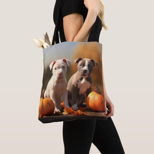 Tote Bag Pitbull Chiot Automne Citrouille de plaisir (De près)