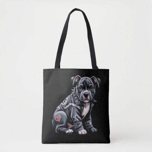 Tote Bag Pitbull en patchwork denim gothique rockeur branch (Devant)