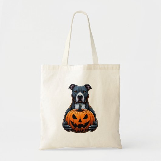 Tote Bag Pitbull Halloween - Holding Jack-o'-lantern (Devant)