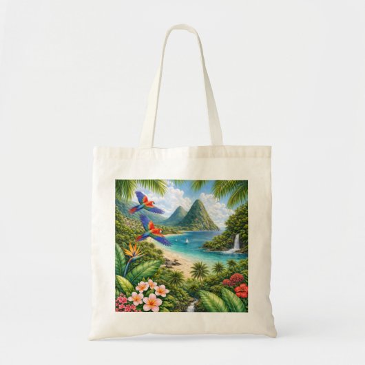 Tote Bag Pitons de Sainte-Lucie Plage Tropicale et Perroque (Devant)