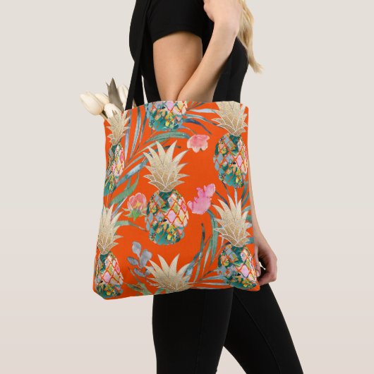 Tote Bag PixDezines Aloha Ananas+Fronds Palm Aquarelle (De près)