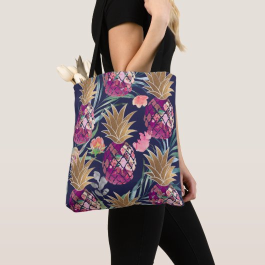 Tote Bag PixDezines Aloha Ananas+Fronds Palm Aquarelle (De près)
