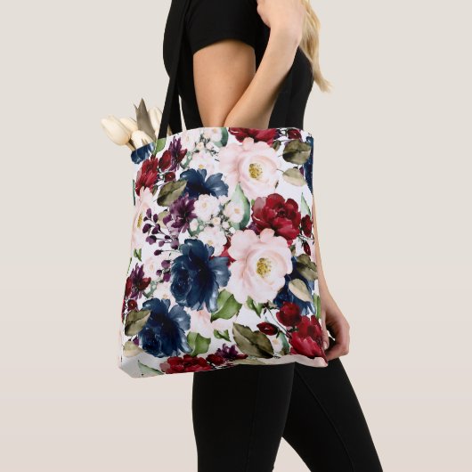 Tote Bag PixDezines H2 Fleurs Blush Burgundy Navy (De près)