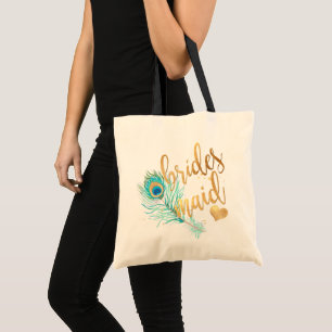 Tote Bag PixDezines Peacock Bridesmaid/Faux Gold Script