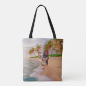 Tote Bag plage, cocotiers, dessin de chien (Dos)