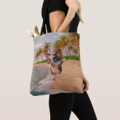 Tote Bag plage, cocotiers, dessin de chien (De près)