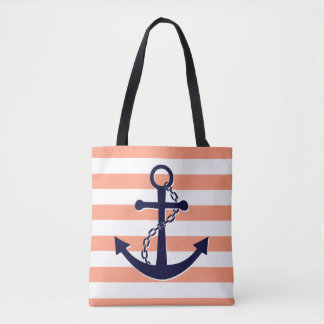 Tote Bag Plage de corail de rayure de pêche d'Ancre