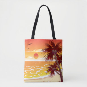 Tote Bag Plage de coucher de soleil tropical île aux palmie