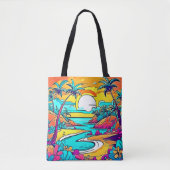 Tote Bag Plage de coucher de soleil tropicale animée (Devant)