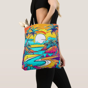 Tote Bag Plage de coucher de soleil tropicale animée