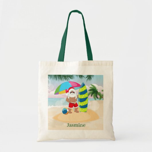 Tote Bag plage de Noël festive Père Noël ajouter nom enfant (Devant)