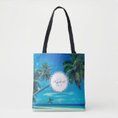 Tote Bag Plage de sable blanc avec palmiers tropicaux Monog (Devant)