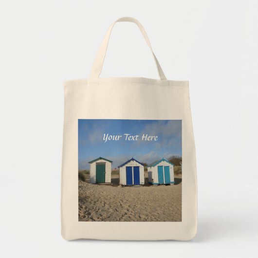 Tote Bag Plage huttes bleu ciel sable anglais bord de mer (Devant)