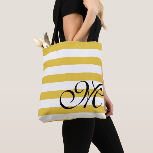 Tote Bag Plage Jaune & Blancs Monogramme Chic (De près)
