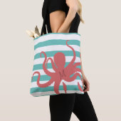 Tote Bag Plage moderne de pieuvre rouge blanche turquoise r (De près)