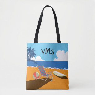 Tote Bag Plage Scène, Surfer, Chaise, orange & bleu
