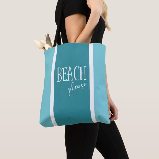 Tote Bag Plage s'il vous plaît turquoise rayures blanches t (De près)