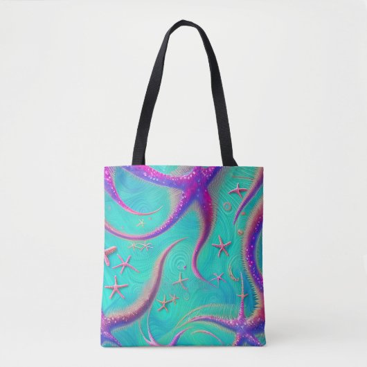 Tote Bag Plage Thème Turquoise et pourpre Starfish (Devant)