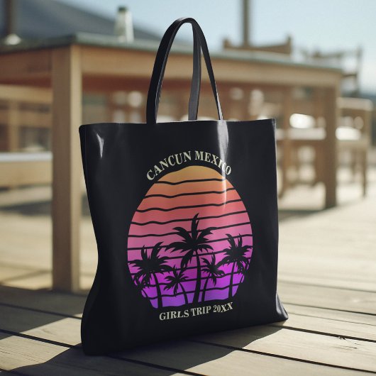 Tote Bag Plage Tropical Sunset Palm Trees Rose Noir Personn
