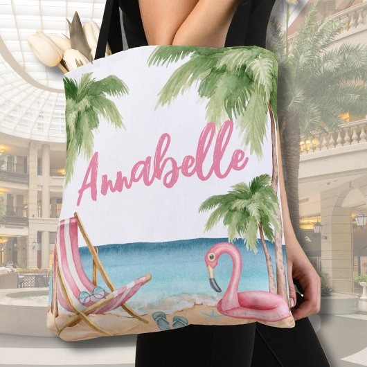 Tote Bag Plage tropicale mignonne Girly rose Aquarelle