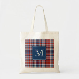 Tote Bag Plaid blanc de monogramme et bleu rouge