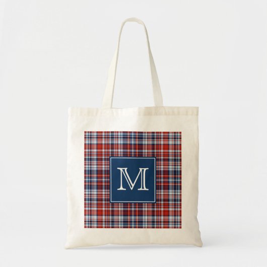Tote Bag Plaid blanc de monogramme et bleu rouge (Devant)
