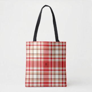 Tote Bag Plaid bronzage et rouge tout plus de - au-dessus