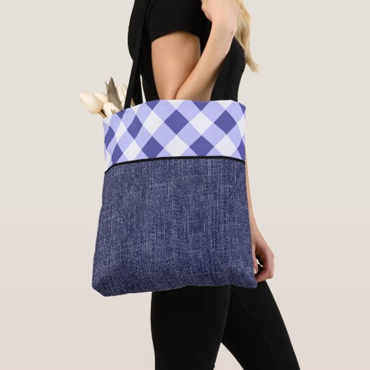 Tote Bag Plaid et denim bleu pâle (De près)