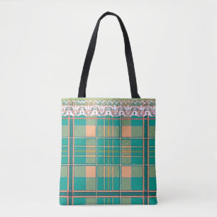 Tote Bag Plaid et dentelle vert et pêche fourre-tout