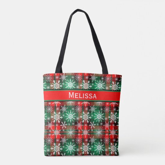 Tote Bag Plaid Et Snowflakes Noël Motif 1 Avec Nom (Dos)