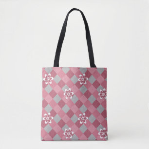 Tote Bag Plaid gris et rose avec fleurs camomilaires