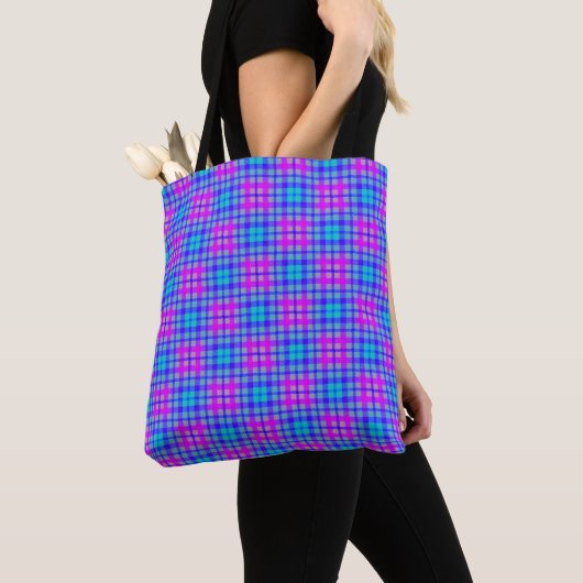 Tote Bag Plaid moderne couleur bleu et violet (De près)