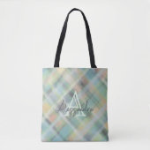 Tote Bag Plaid pastel monogrammé vert gris jaune sarcelle (Devant)
