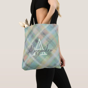 Tote Bag Plaid pastel monogrammé vert gris jaune sarcelle