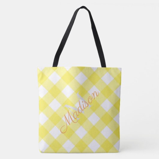 Tote Bag Plaid Summer Yellow Cute Girl Nom Monogramme (Devant)