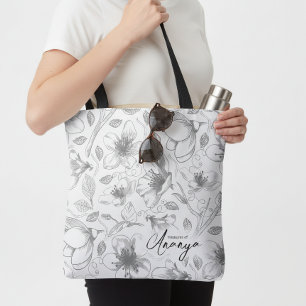 Tote Bag Plan floral esquissé Motif gris/Wht ID939