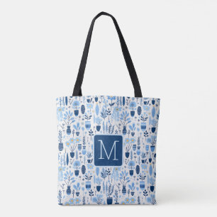 Tote Bag Plantes Bleu, Blanc, Jaune Bloc de Couleur Monogra