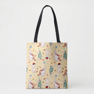 Tote Bag Playful Christmas Cats with Yarn and Holiday Motif