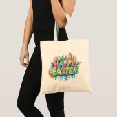 Tote Bag Playful Easter Artwork With Bunny Ears and Florals (Devant (produit))