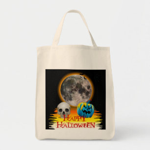 Tote Bag Pleine lune, crâne et Citrouille bleu la nuit.