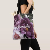 Tote Bag Plum pourpre foncé Peonies roses Vert | (De près)