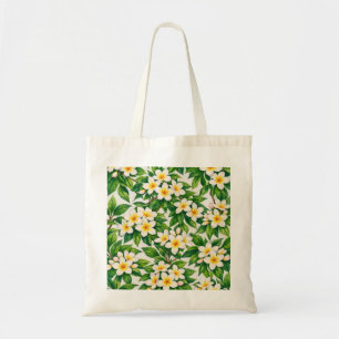 Tote Bag Plumeria blanc et feuilles vertes floraux tropicau