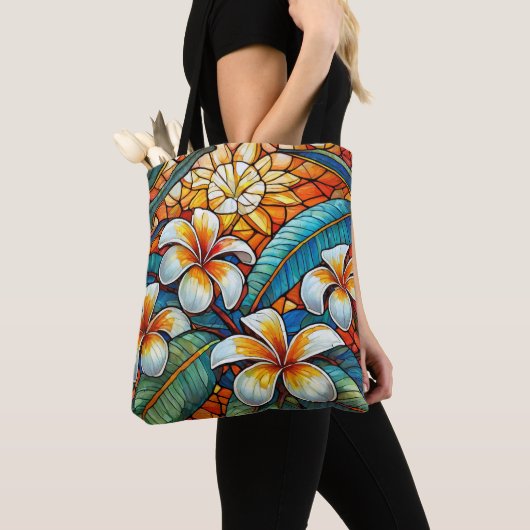 Tote Bag Plumeria en verre tendu sur orange (De près)