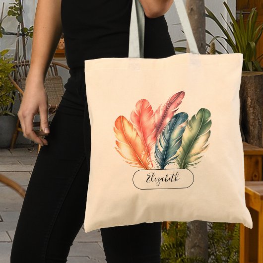 Tote Bag Plumes aquarelles colorées Nom écriture noire