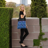 Tote Bag Plumes de paon bleu violet sur monogramme noir