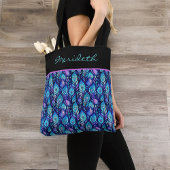 Tote Bag Plumes de paon bleu violet sur monogramme noir