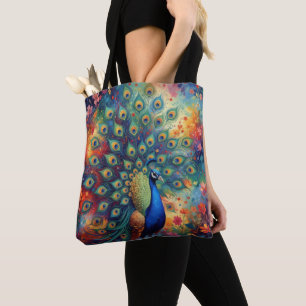 Tote Bag Plumes de paon colorées et fleurs